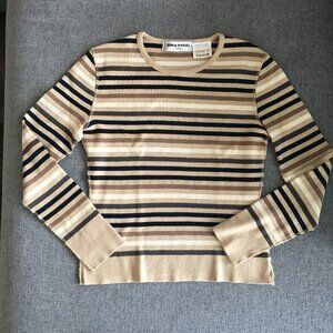 Vintage Sonia Rykiel, striped shirt, Made in France, size Small, tan/brown/cream